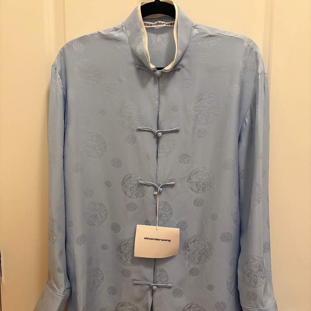 [NWT] Alexander Wang Pale Blue 100% Silk Long Sleeve Jacquard Shirt